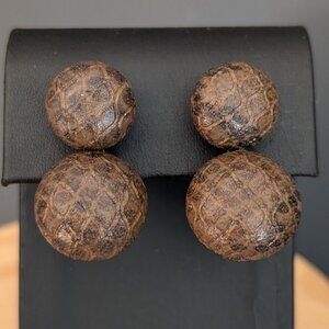 Double snake embossed leather bead clip on earrings